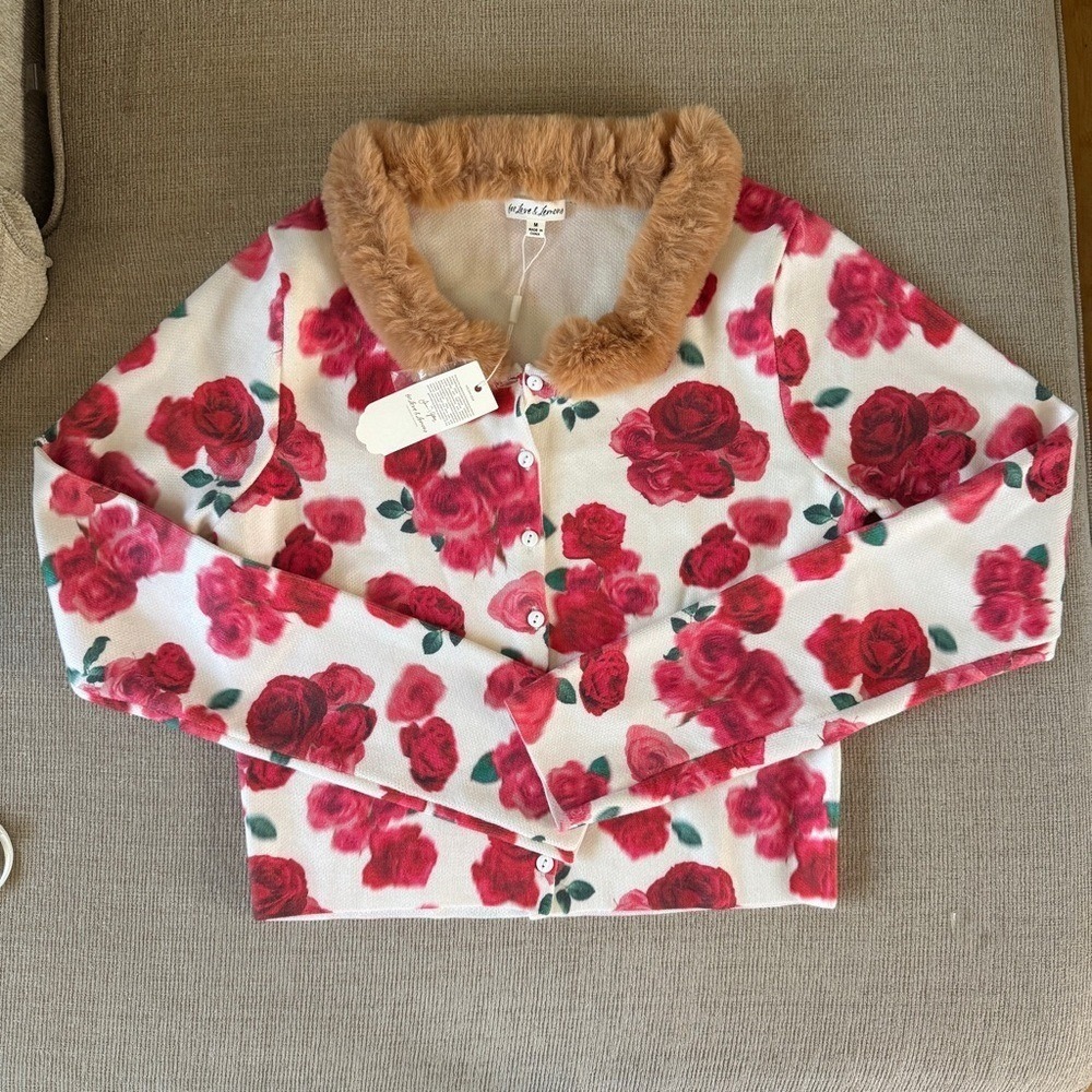 For Love & Lemons Floral Cardigan & Bralette Set Faux Fur Collar Size M Coquette